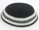 Black knitted kippah with gray and white border
